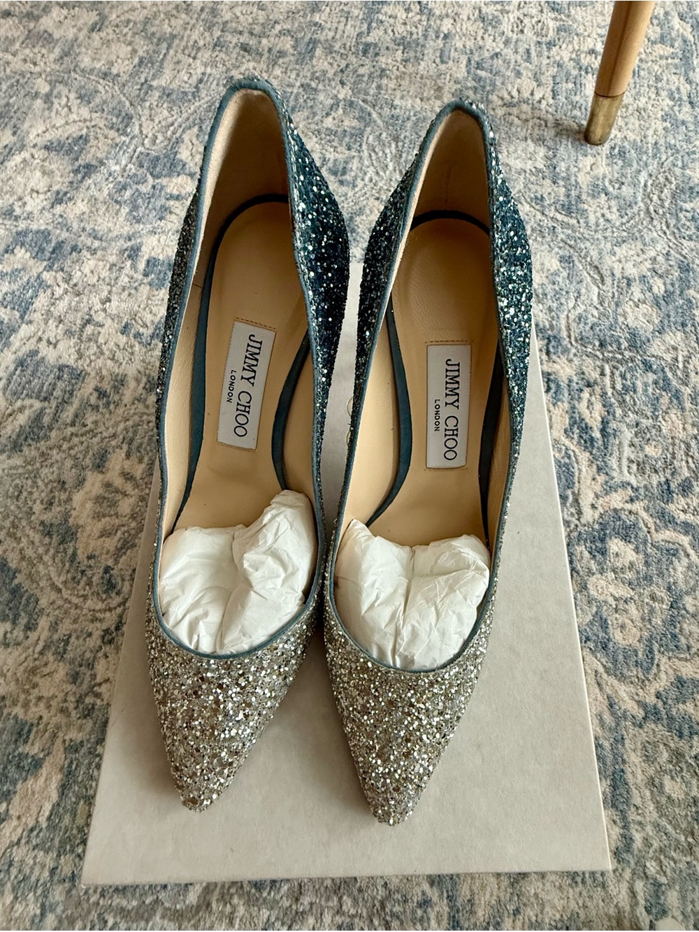 Jimmy Choo Silver and Blue Glitter Pointed Pumps